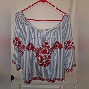 Striped Blue and Red Embroidered Women's Top And Short Set